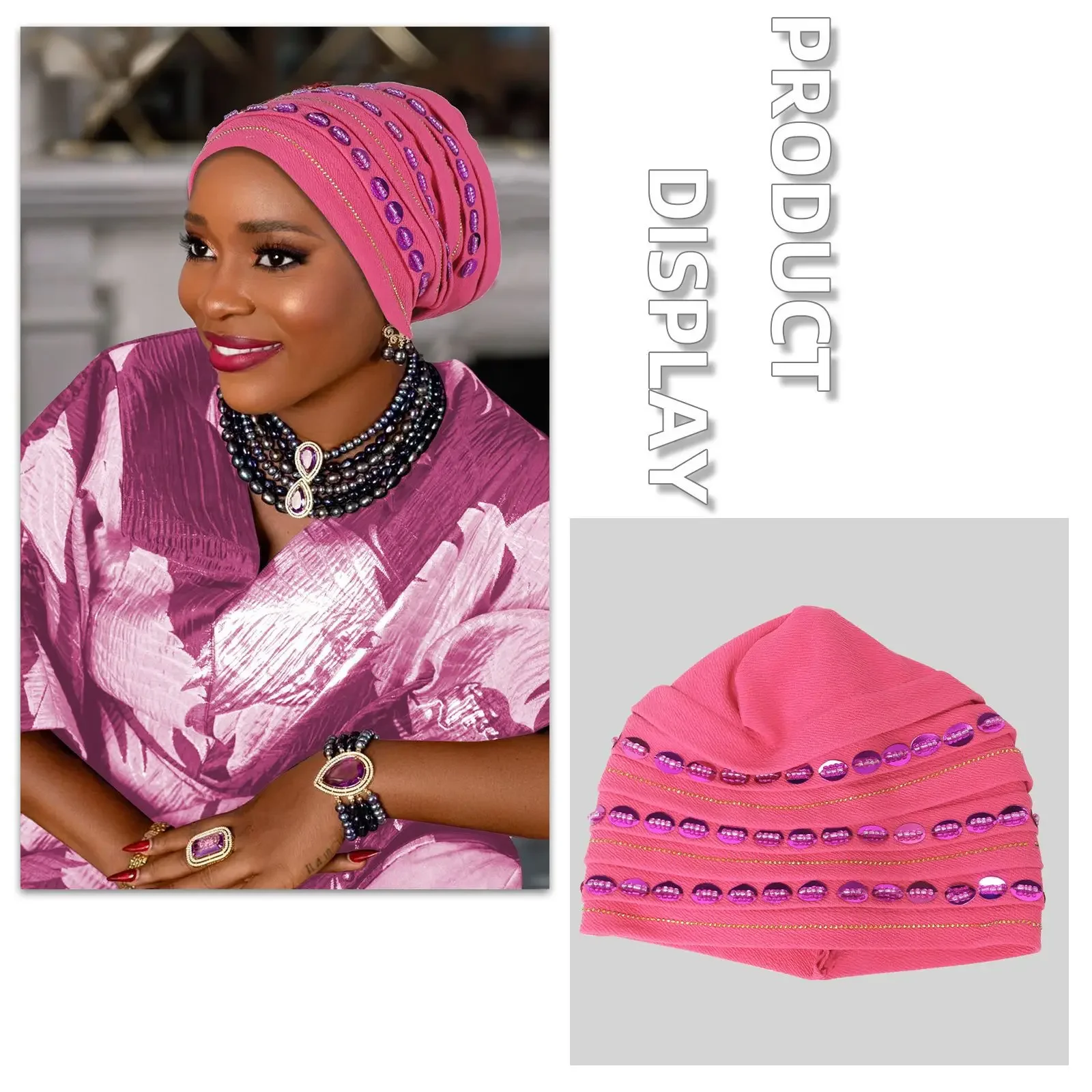 Diamonds Pleated Turban Cap for Lady African Women's Head Wraps Nigeria Headpiece Turbante Mujer Muslim Headscarf Hats Mujer