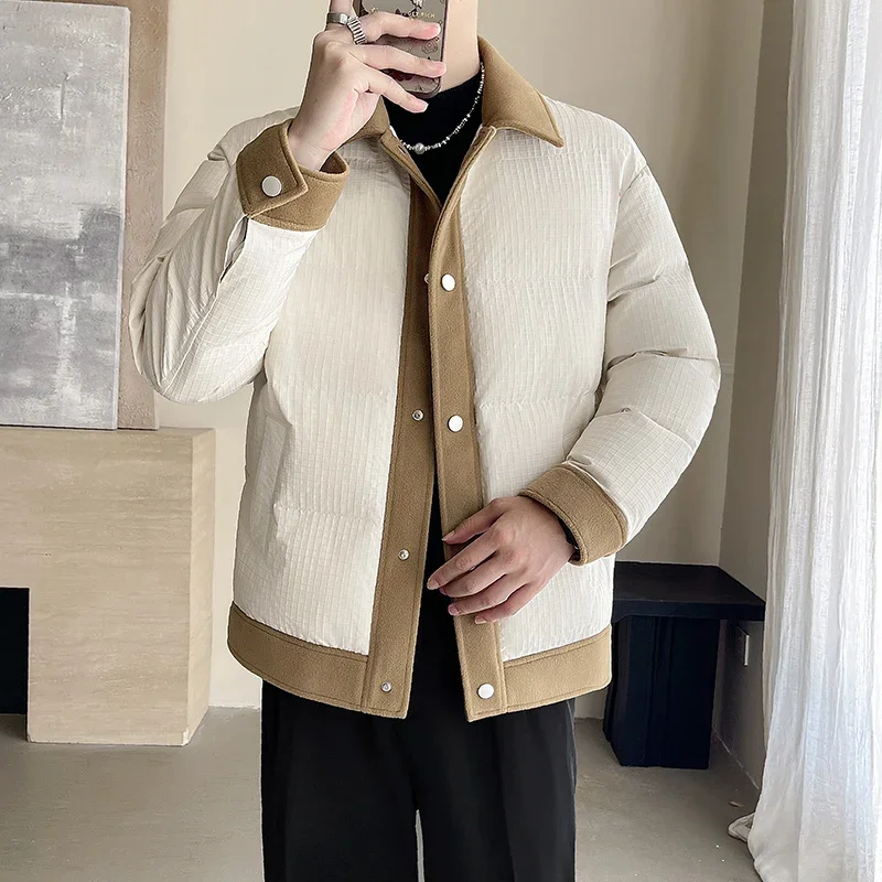 2024 Winter Thick and Warm Cotton Jacket Korean Color Blocking Lapel Casual Parkas Top Windbreaker Overcoat Social Men Clothing