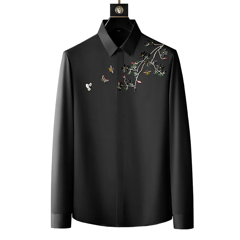 Chemise de luxe brodée de fleurs et d\'oiseaux pour hommes, manches longues, coupe couvertes, tendance anti-déformable, haut de robe de soirée,