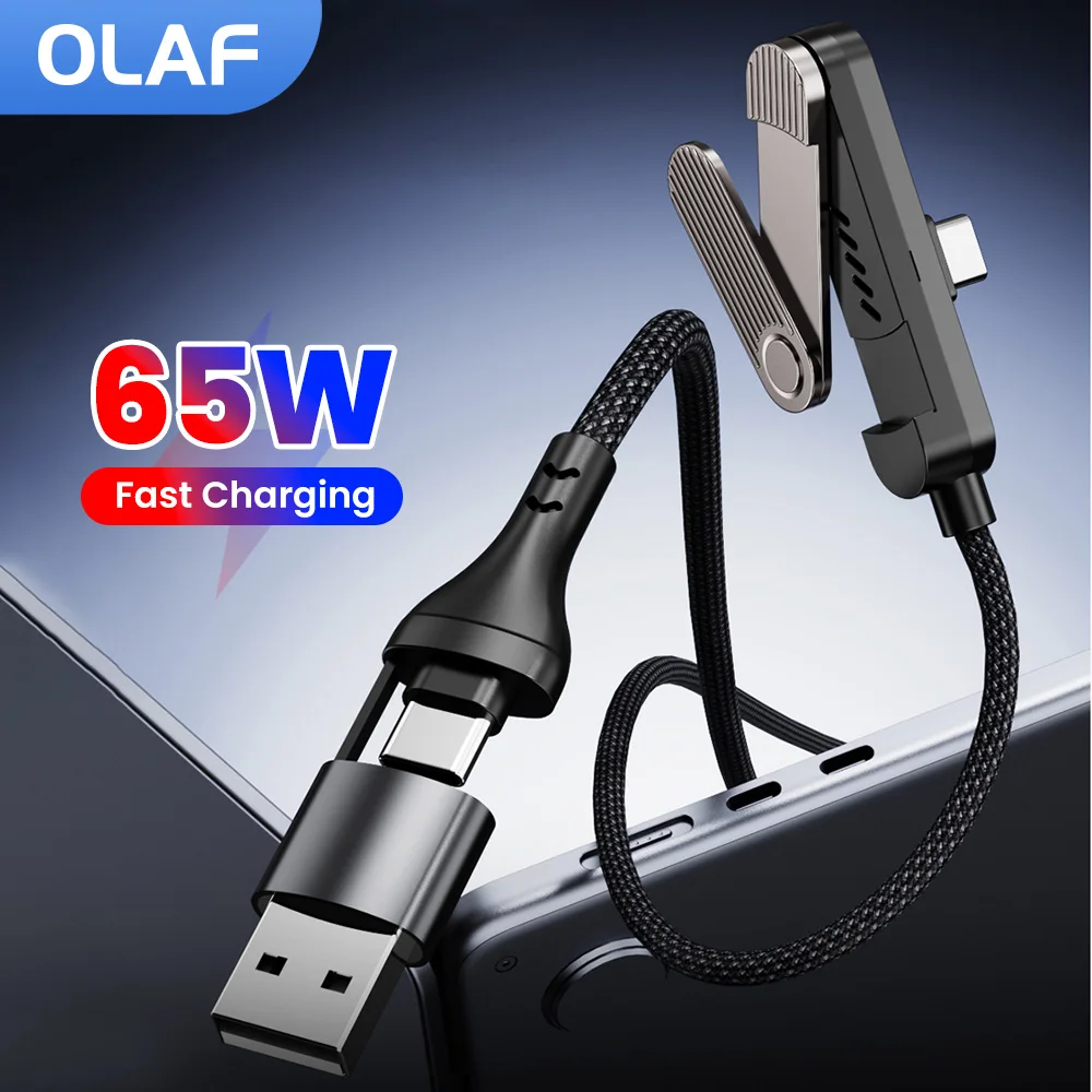 65W Fast Charging Braided Data Cable With Tri-fold Phone Stand 2-in-1 USB/Type C To Type C Cable for iphone 15 16 17 Samsung