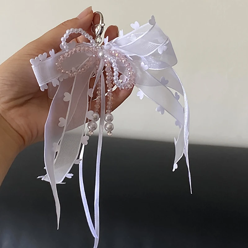 Ins Super Fairy Korean White Ribbon Bow Keychain Niche Sweet Lace Pearl Crystal Butterfly Bag Charm Fashion Bag Accessories