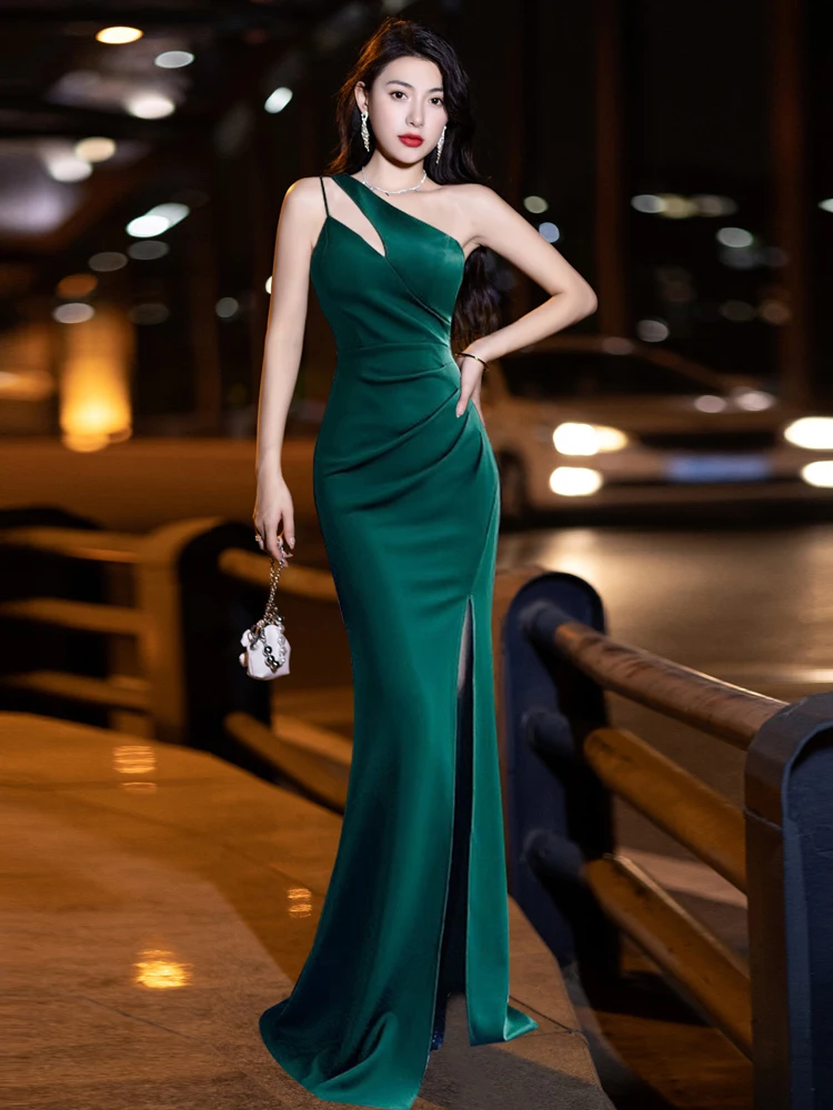 Eveningdressdressfemininetemperament Light Luxuryniche Design Senseone Shoulder Fishtail Host Banquet Fishtail Dressparty Resses