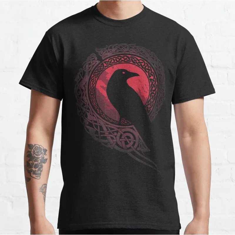 

EDDA Raven silhouette Nordic Runes Celtic Knots Valhalla Viking style Norse Mythology God Graphic T Shirts large size adult tops