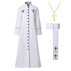 Men's Priest Costume Pastor Robe Roman Cassock with Stand Collar Belt and Cross Necklace Halloween Carnival Party Uniform Suit