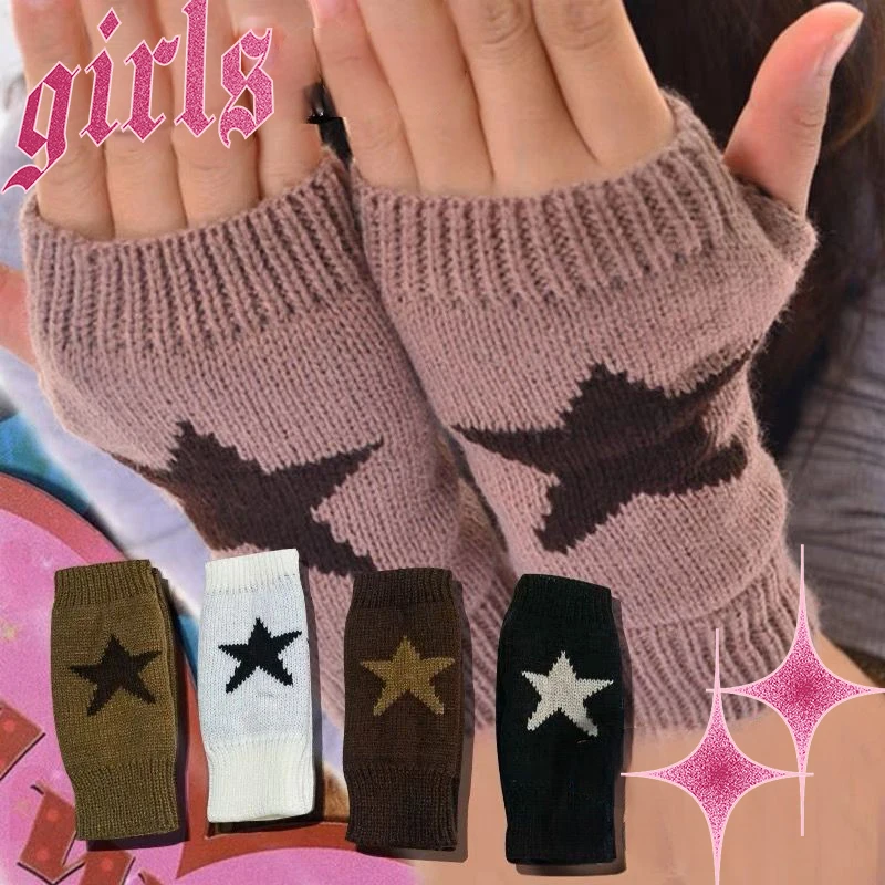 Winter Touchscreen Knitted Gloves Women\'s Men\'s Star Print Warm Wool Stretch Knit Mittens Imitation Wool Half Finger Fingerless