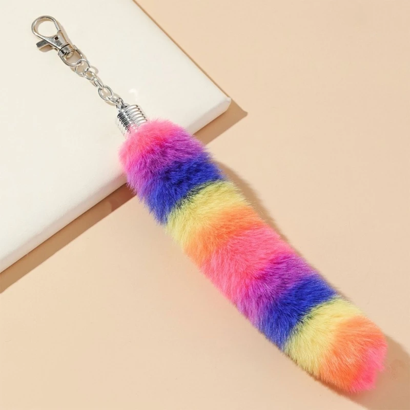 Regenboog pluche staart harige sleutelhanger hangende hanger vrouwen portemonnee decoratie cadeau D5QF