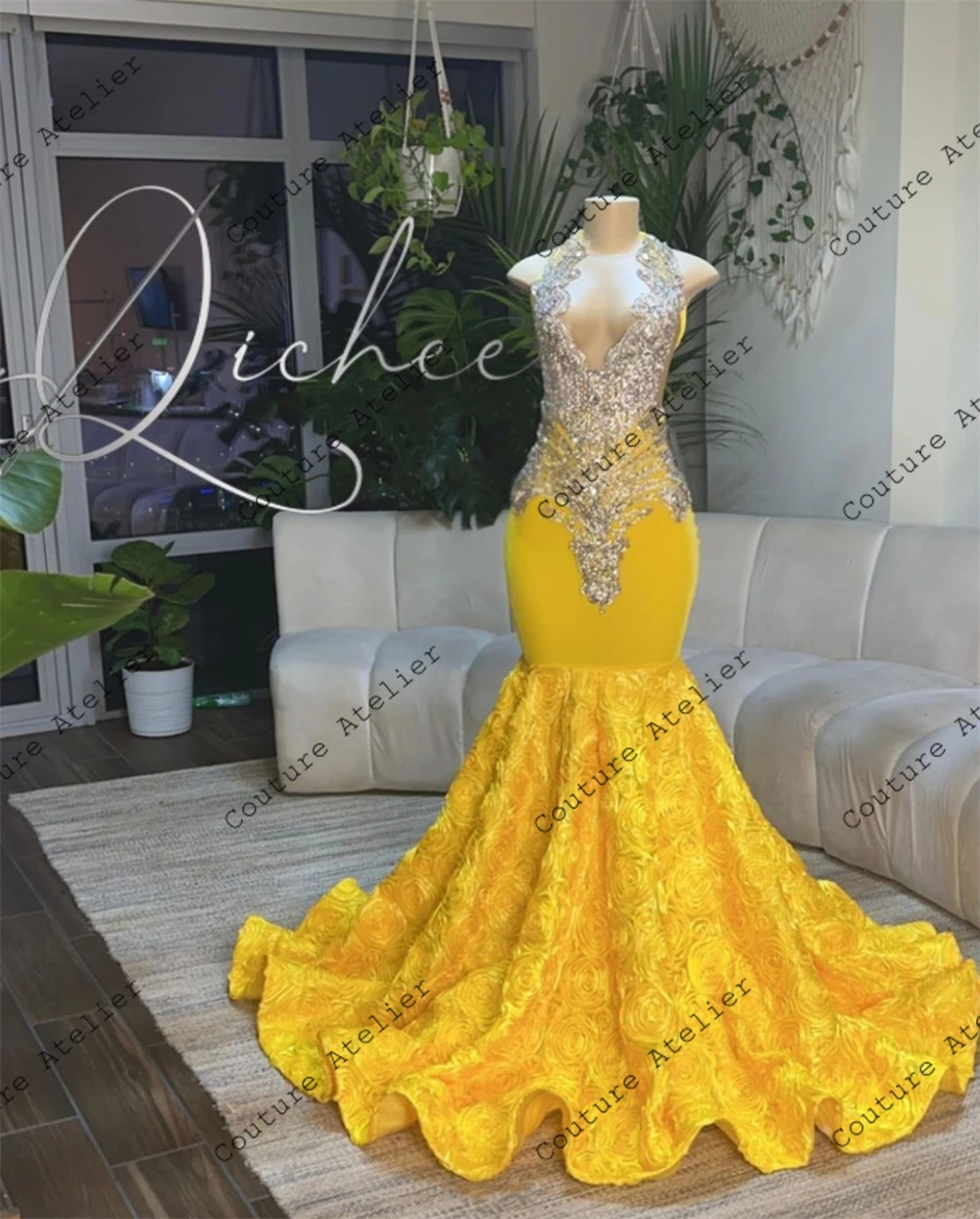 Amarelo ruched rosa trem prata strass sereia vestido de baile 2025 preto menina africano vestido de noite de casamento malha personalizado