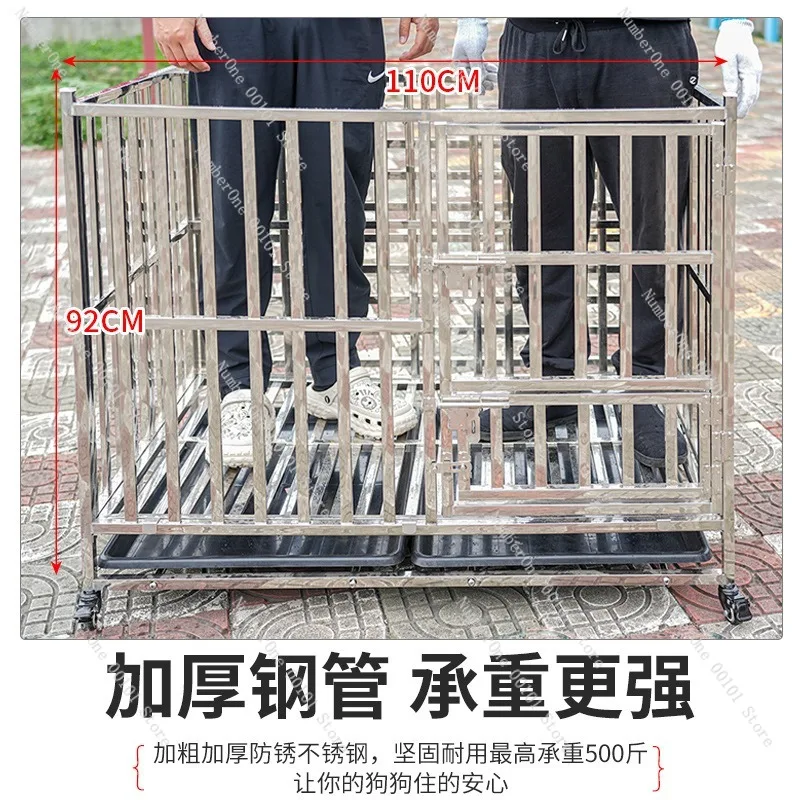 Heavy Duty 304 Stainless Steel Dog Crate Indoor Thickened Reinforced Foldable Pet Cage with Toilet Tray Feeding Bowl Rust