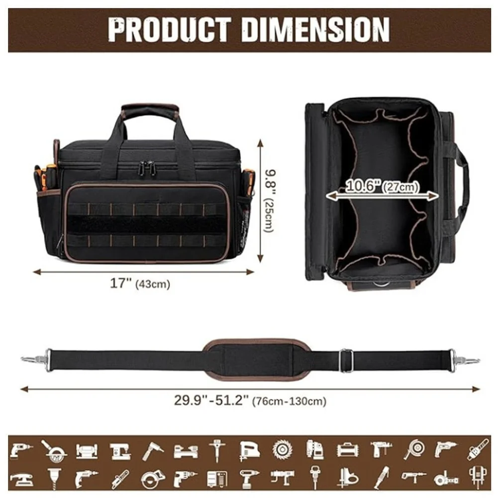 17 Inch Tool Bag with 900D Fabric Shell 10 External Pockets and Interior Compartments Including Mesh and Zipper Sections