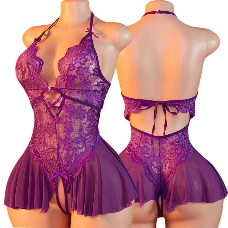 Erotic Crotchless Hollow Out Bodysuit Porn Pajamas Sexy Lace Curve Women's Lingerie Exotic Transparent Open Backless Costumes