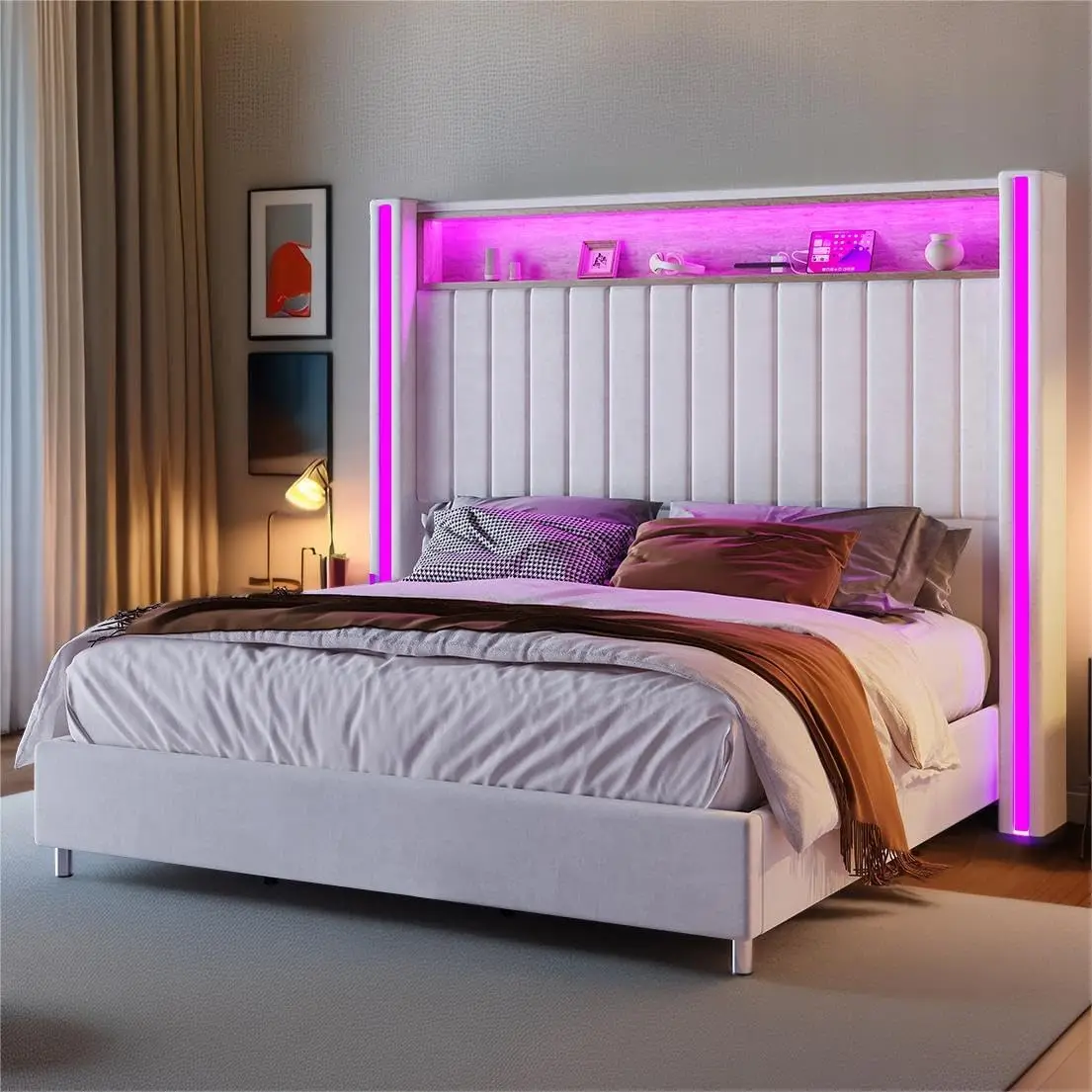 Queen Size Bed Frame With Led Lights And Charging Station, Velvet Upholstered Platform Bed With 53