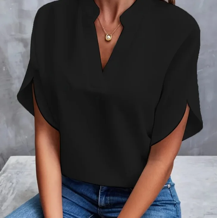 NONE 1 stücke Frau Neue Sommer Einfarbig Shirts Dame Casual Kurzarm V-ausschnitt Kragen Lose Shirts Weibliche Mode Pullover Tops 6