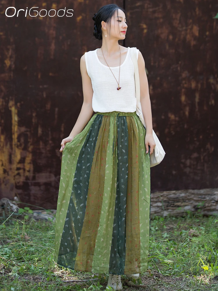 OriGoods Women Long Maxi Skirt 100% Pure Ramie Digital Print Casual A‑Line Skirt Elastic Waist Striped Flowy Long Skirt B387
