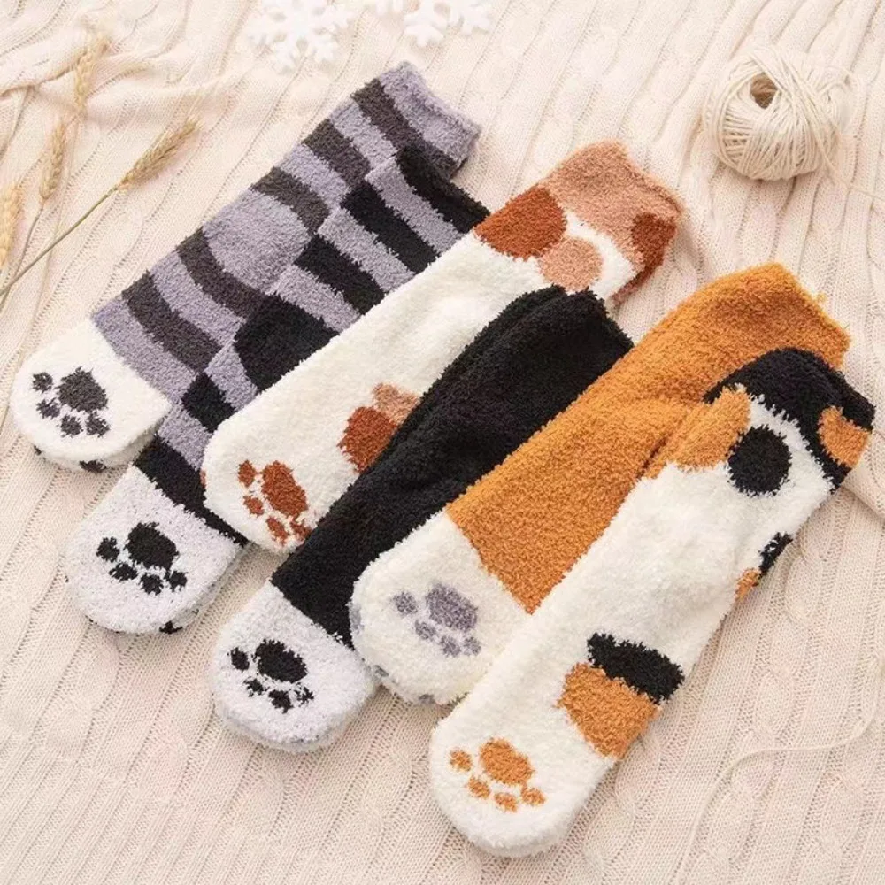 Winter Women Socks Warm Fluffy Cute Animal Claw Cat Paw Footprint Fuzzy Socks Thicken Coral Fleece Home Floor Sleep Socks