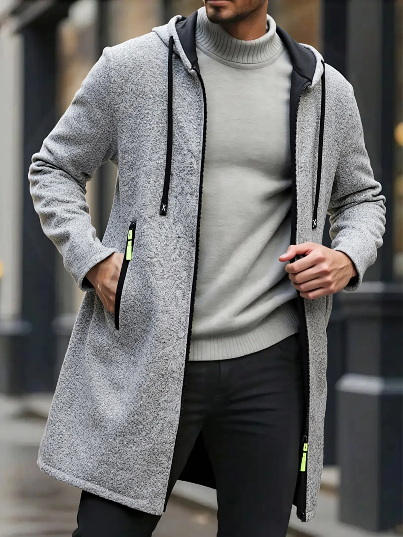 Men Mid‑Length Hooded Full Zip Sweatshirt Heather Knit Hooded outerwearFleece Lined Coat With Drawstring Zipper Pockets
