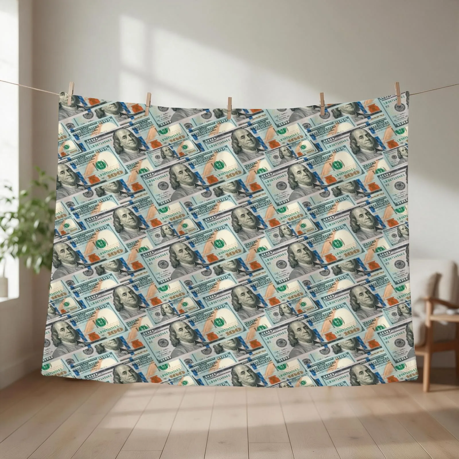 The Pattern of One Hundred Dollar Bills is a Sign of Wealth Throw Blanket couch cozy soft plush fuzzy picnic outdoor blanket