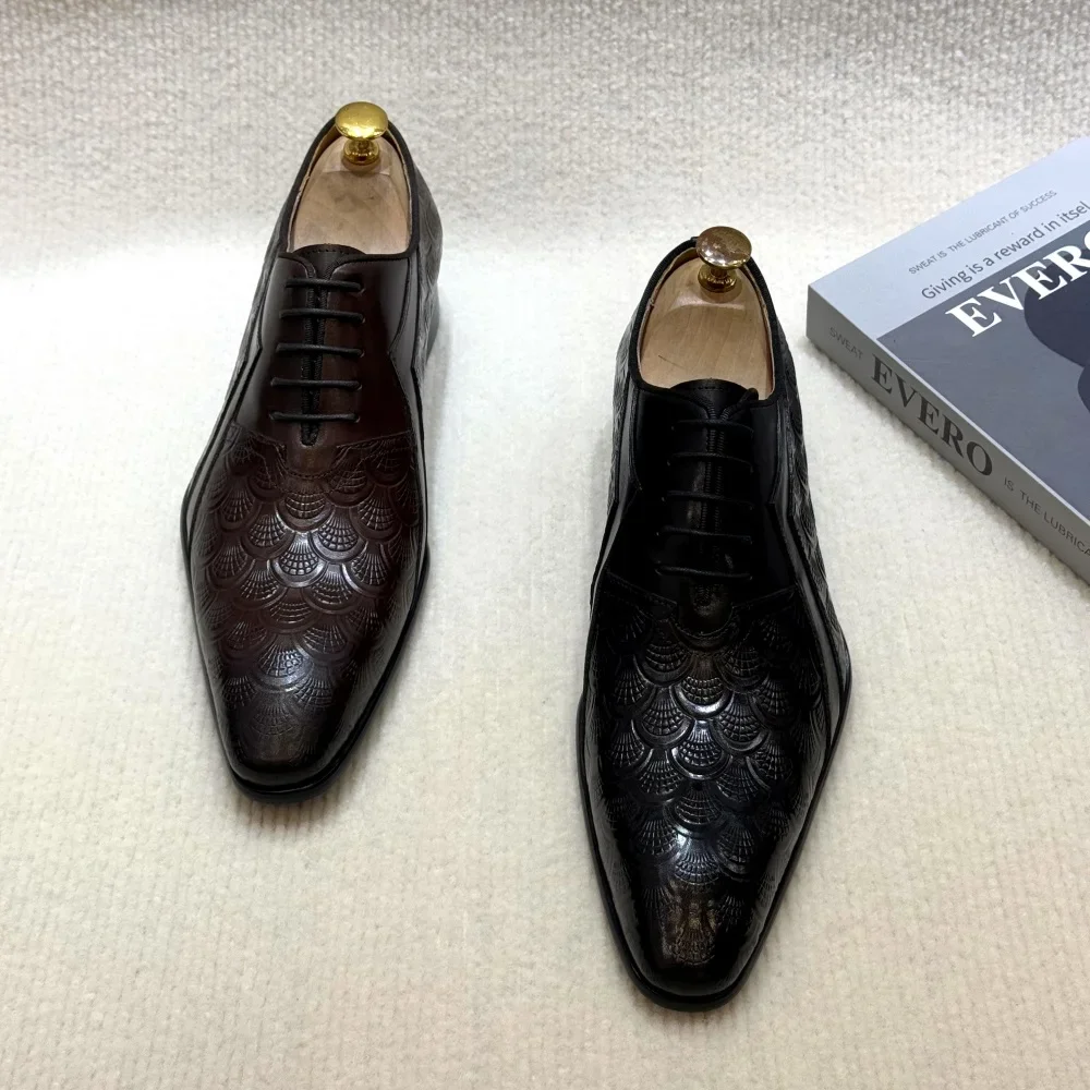 Men's Italian Designer Handmade Genuine Leather Dress Shoes Black Brown Oxfords Business Office Lace-Up Derby Shoes