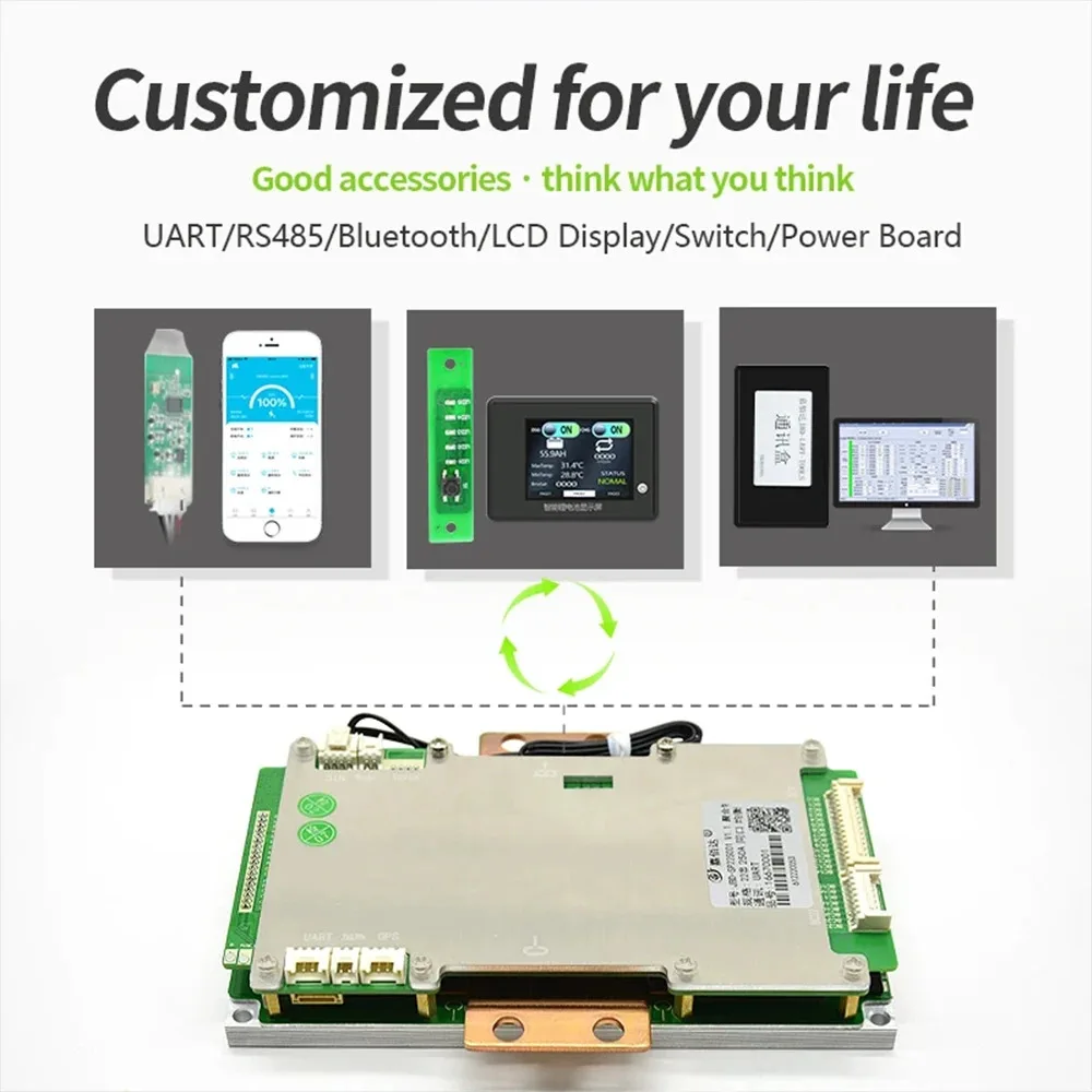 JIABAIDA Smart BMS 8S LiFePo4 6S 22S 13S 16S 10S Li-ion 250A pengisian daya arus tinggi JBD BMS dengan BT UART RS485 pemanas