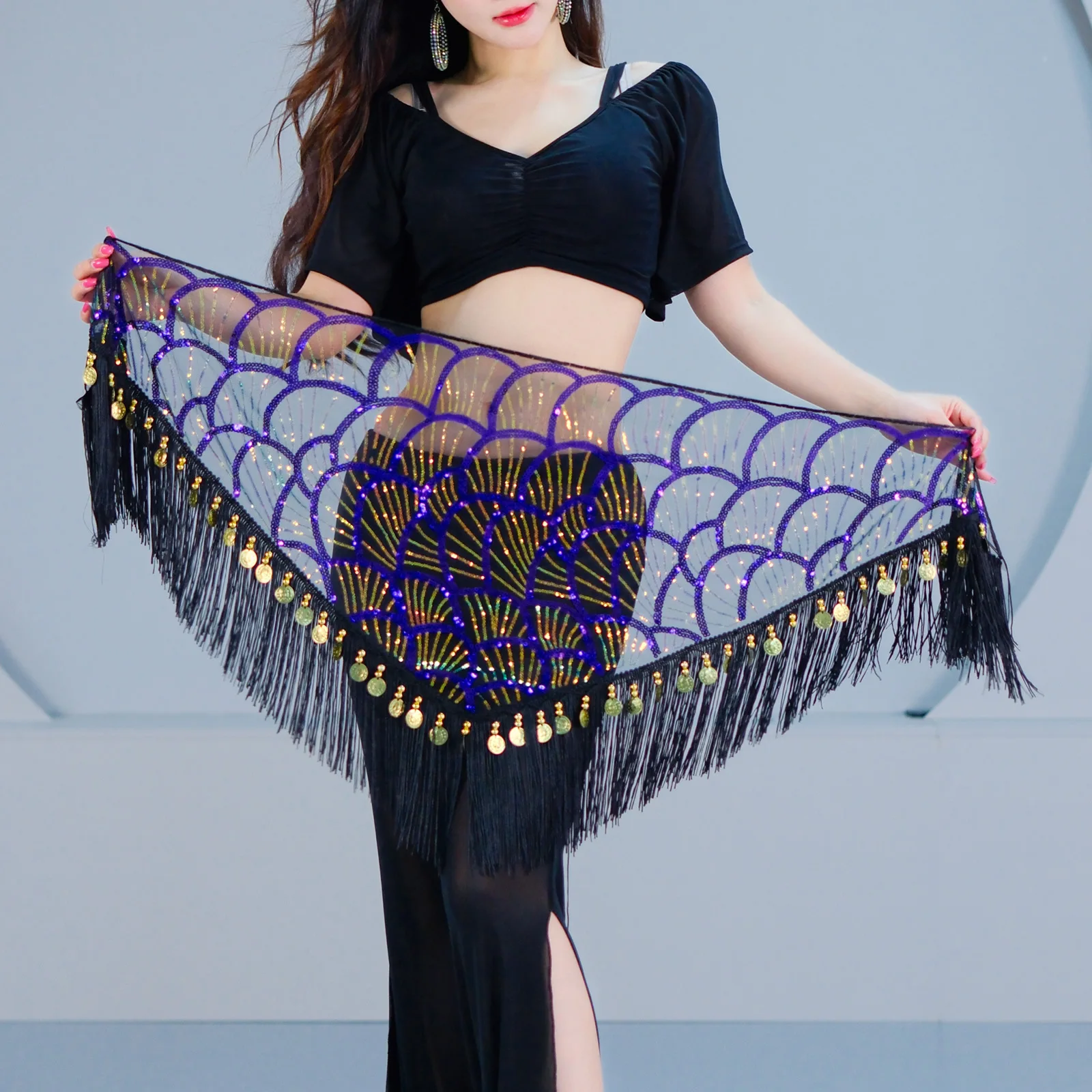 

Belly Dance Hip Scarf Mermaid Scale Sequins Fringe Oriental Dance Performance Waist Chain for Women 2026 Mesh Triangle