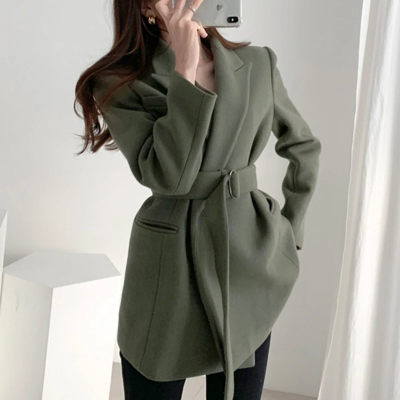 

Clothland женский стильный однотонный шерстяной пиджак с длинным рукавом и открытым поясом, куртка женская официальная офисная одежда, пальто CB180