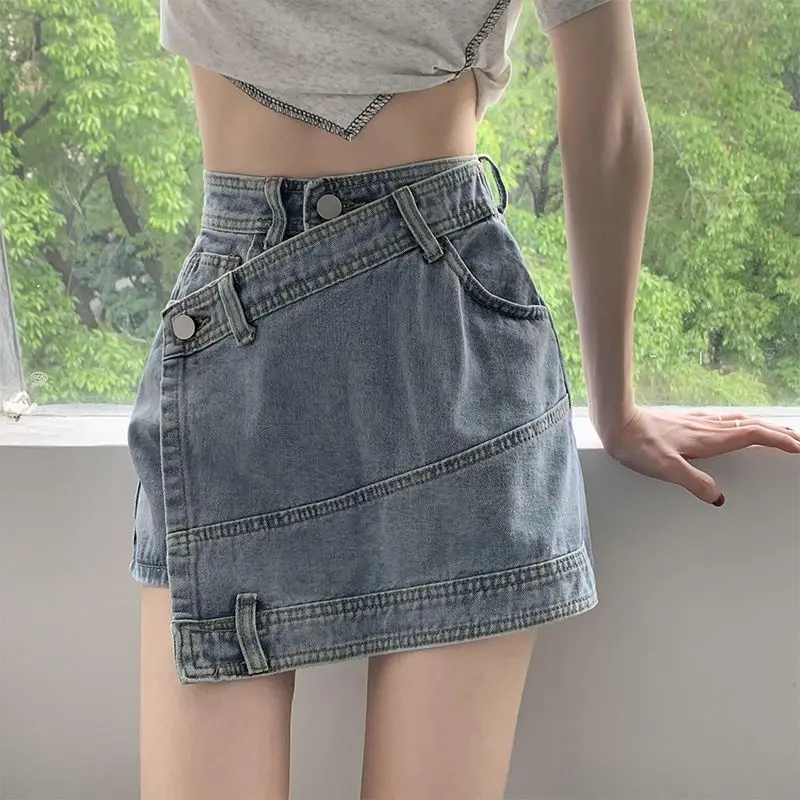 

Denim Mini Skirt Irregular Wrap Stretch High Waist Hot Girl A-Line Cargo Jean Shorts 2024 Summer Women Fashion Skirt