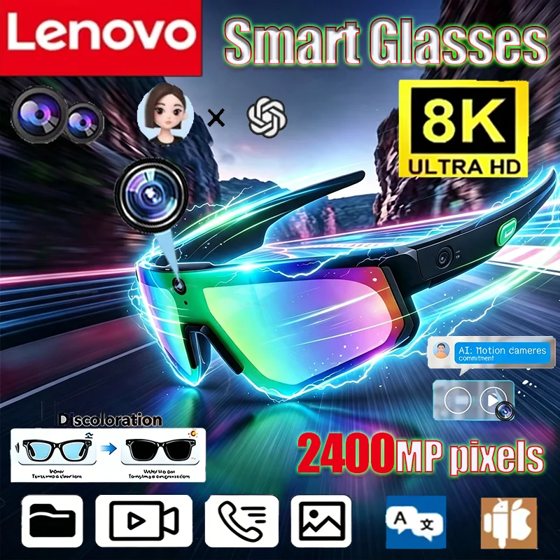 Lenovo 8K Sport Smart AI Glasses 2400W Camera AI Smart Translation Video Recording Sunglasses Waterproof Outdoor Cycling Sports