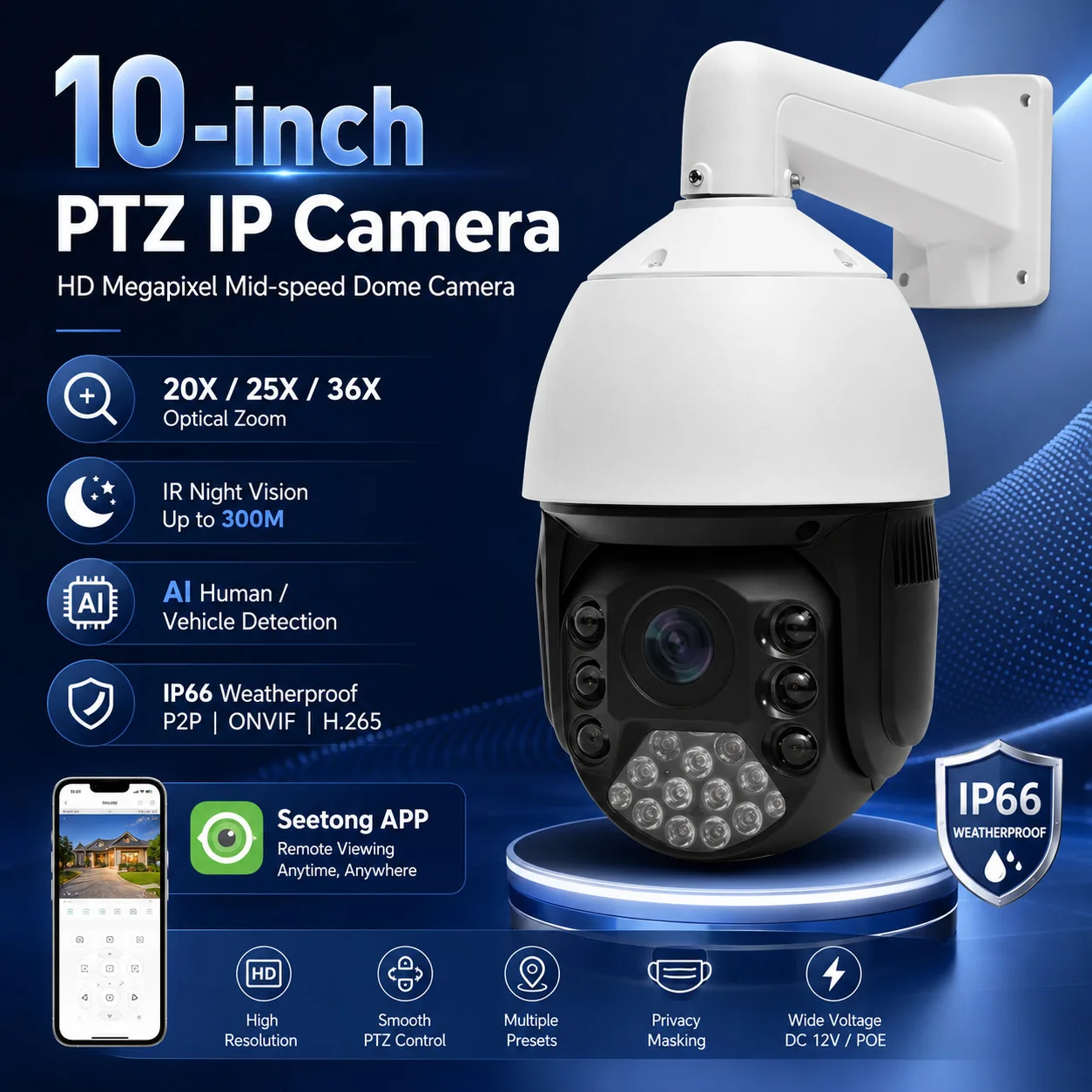 8MP 36X Optical Zoom PTZ Dome Camera, Ultra HD 360 Degree Panoramic Outdoor Long Range Security Camera