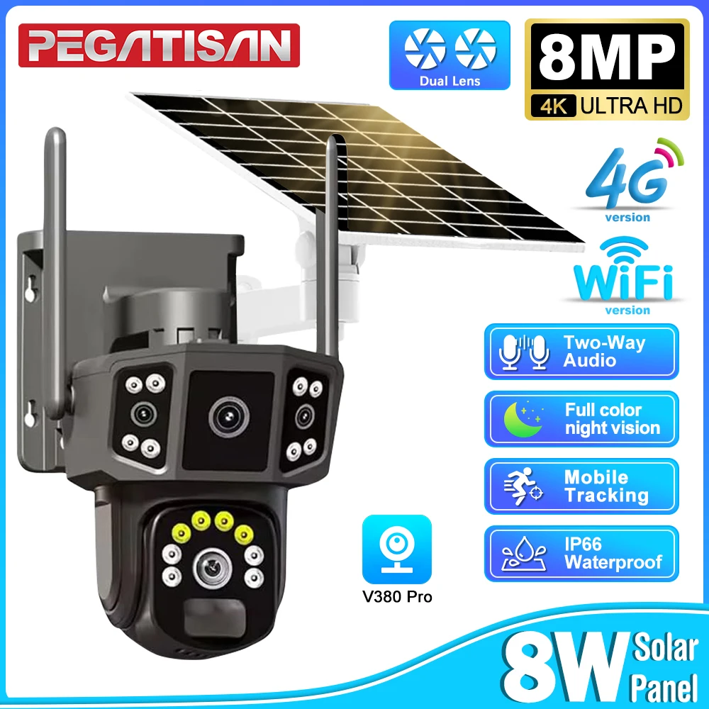 

PEGATISAN V380 4K Dual Lens 4G SIM Solar Camera 8MP HD Auto Tracking Outdoor Security Wireless WIFI Solar CCTV IP Cameras