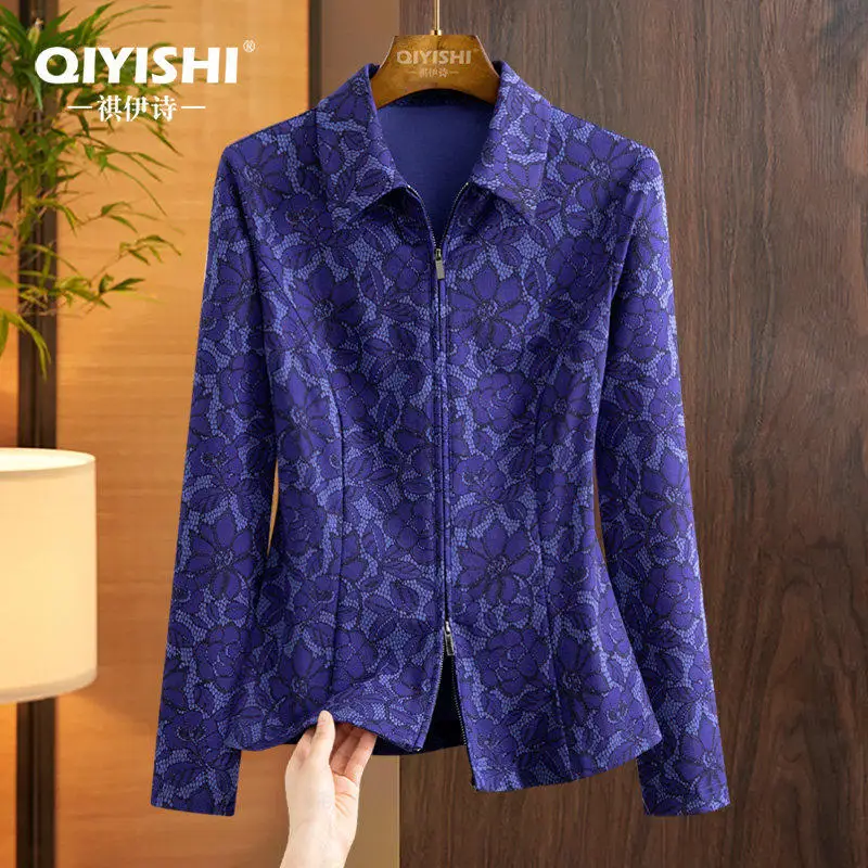 

Женская трикотажная рубашка с цветочным принтом, синяя, с длинным рукавом, элегантная, приталенная, эластичная, на молнии, весенне-осенняя, модная, в стиле ретро, блузка