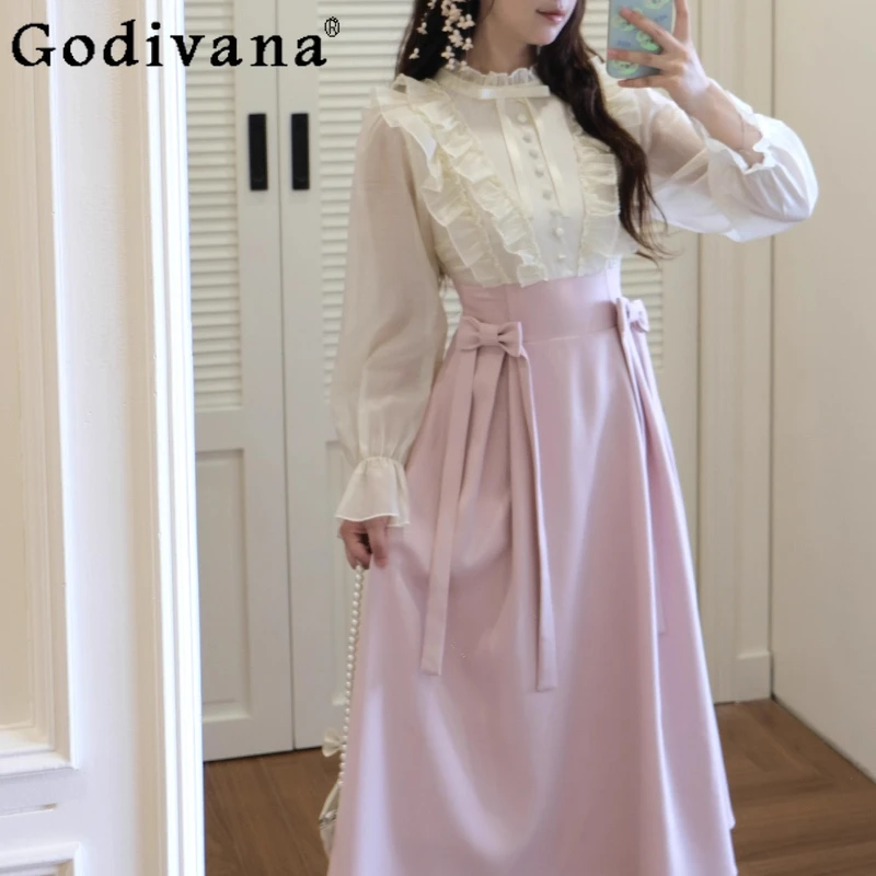 

Autumn Fake Two Piece Lolita Dress for Women Original Design Patchwork Ruffle Dress Female Japanese Style Long Sweet Dress