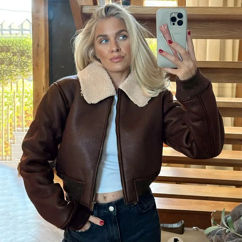 

Maillard Brown Lamb Collar Patchwork Leather Jacket