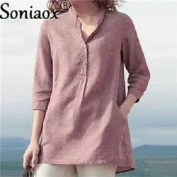 Botão blusas casuais e camisas primavera outono meia manga moda feminina blusas 2021 com decote em v sólida camisa feminina topo feminino novo