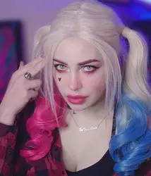 Comic Harrley Quinne Synthetic Wig Mixed Color Blue and Pink Ombre Color Long Wavy Wig,Cosplay Wig Makeup