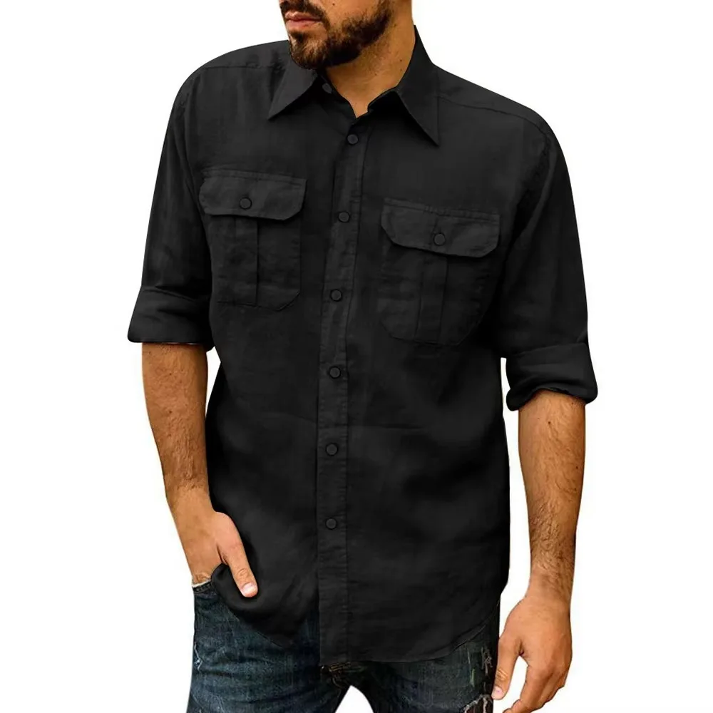 Chemise en coton et lin pour hommes, manches longues, couleur unie, hauts décontractés, revers, Double poche, chemise classique, vêtements tendance pour hommes