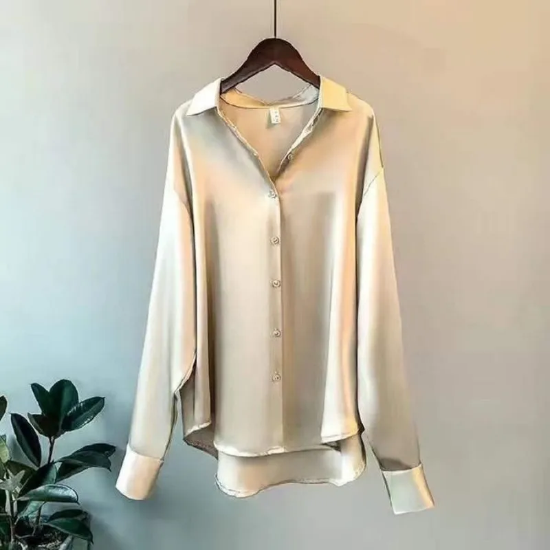 Elegangt Satin Shirt for Women Niche Top Long Sleeve Blouse Solid Color All Match Luxury Shirts