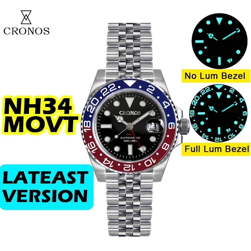 

Cronos 41mm GMT Men Watch NH34 Automatic Stainless Steel Sapphire Solid Bracelet BGW-9 Luminous Luxury Mechanical Wristwatch