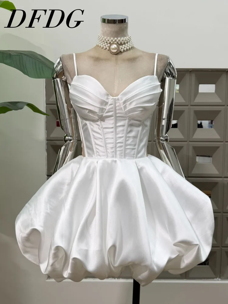 DFDG Vestido con corsé de algodón satinado elegante Pure Desire para primavera y verano 2025, vestido con tirantes finos con volantes y cintura atada