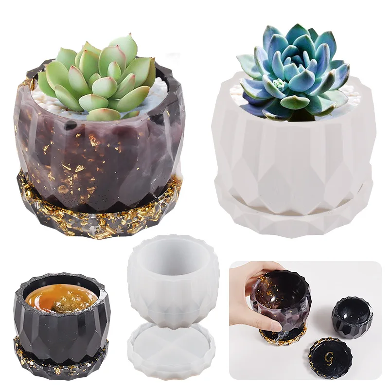 Round Diamond Shaped Flower Pot Silicone Mold DIY Gypsum Cement Epoxy Resin Mold Jewelry Storage Box Craft Gift Home Decoration