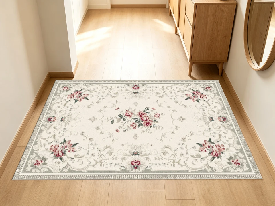 2D Velvet Floral Carpet in Off White and Pink