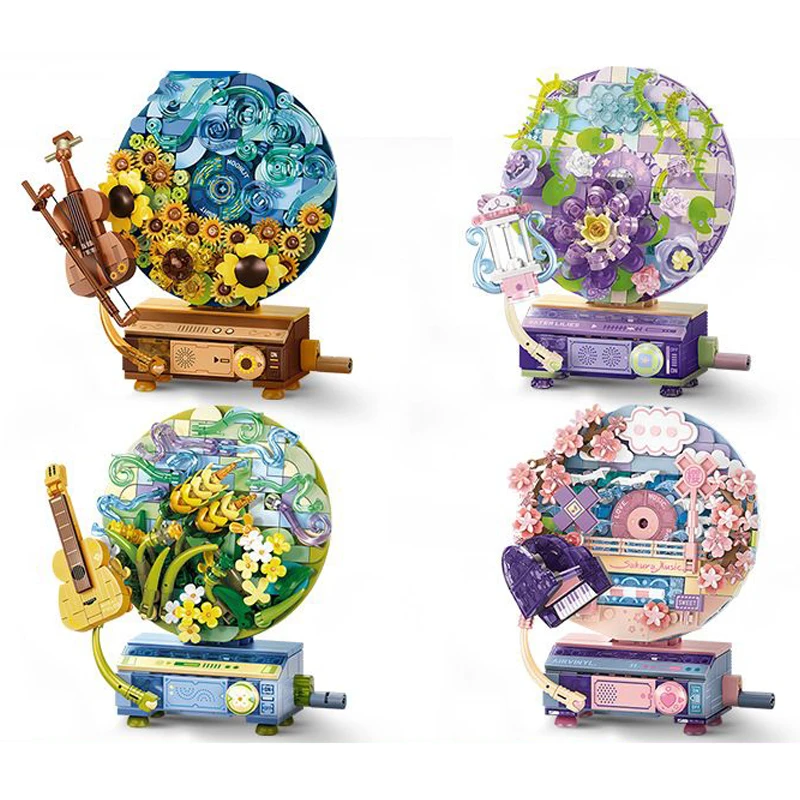 

Animation Flower Whirlpool Record Player Building Block Flower Assembled Building Block Toy Model Ornament Girl Gift Peripheral