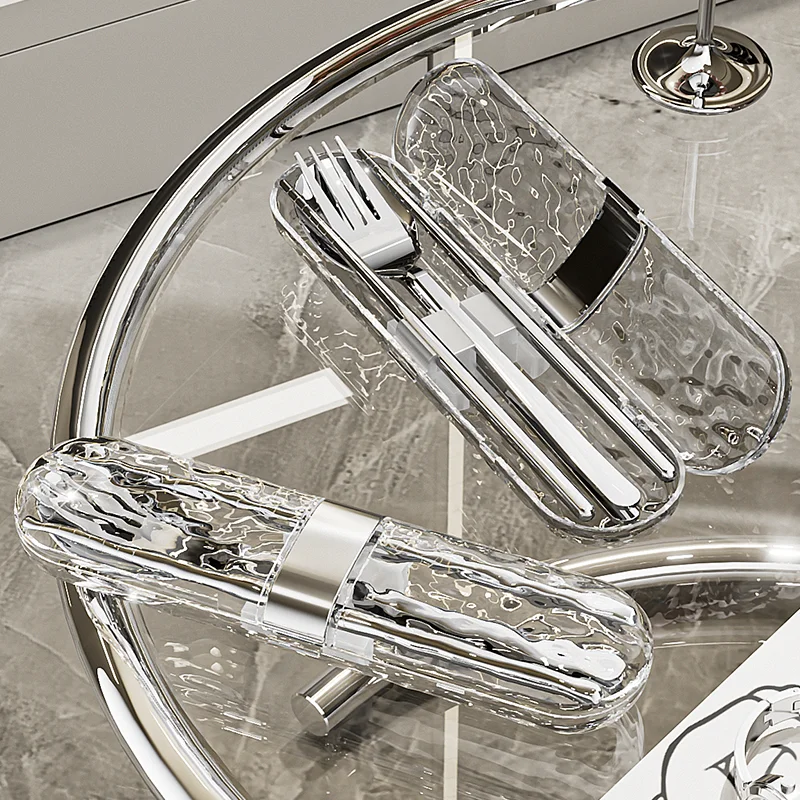 

3PCS Cutlery Set Stainless Steel Chopsticks Spoon Fork with Transparent Storage box Portable Tableware for Travel Camping Picnic