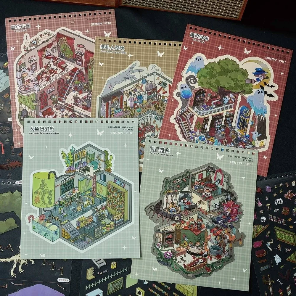 

New Horror Theme Landscape Sticker 8 Scenes 20 Sheets PET 3D Cabin House Collage Haunted Castle Puzzle Stickers Book Card Making