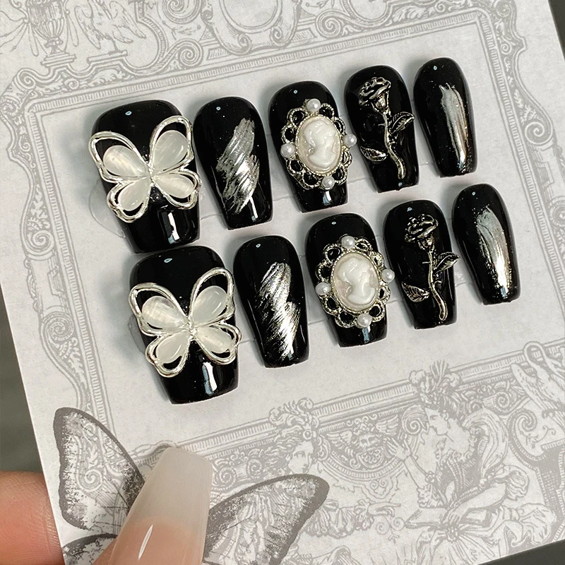 10pcs Vintage Handmade Press On Nails Caramel Gradient Retro Fake Nails Hand Painted Flower Design Short Squoval Nail Art Tips