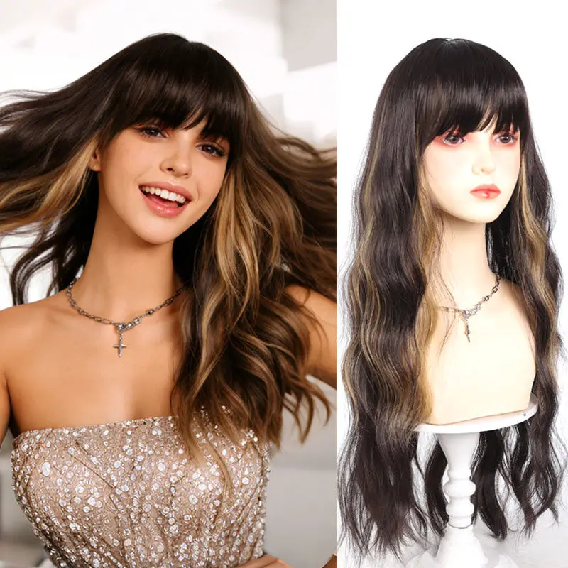Long Wavy Wig with Bangs, Made of 27inch High-Temperature Fiber, Natural Highlights, Suitable for Daily Use/Parties, Suitable for Photography, Beauty Makeup, Daily Work, Dating, Travel, and Other Occasions. The Best Gift Choice.