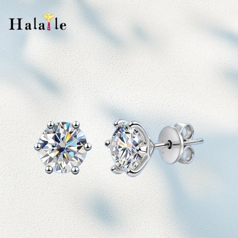 Halaile D Color Moissanite S925 Sterling Silver 6 Claw Stud Earrings Trendy Fine Jewelry Dainty Sparkly Romantic Gift for Women