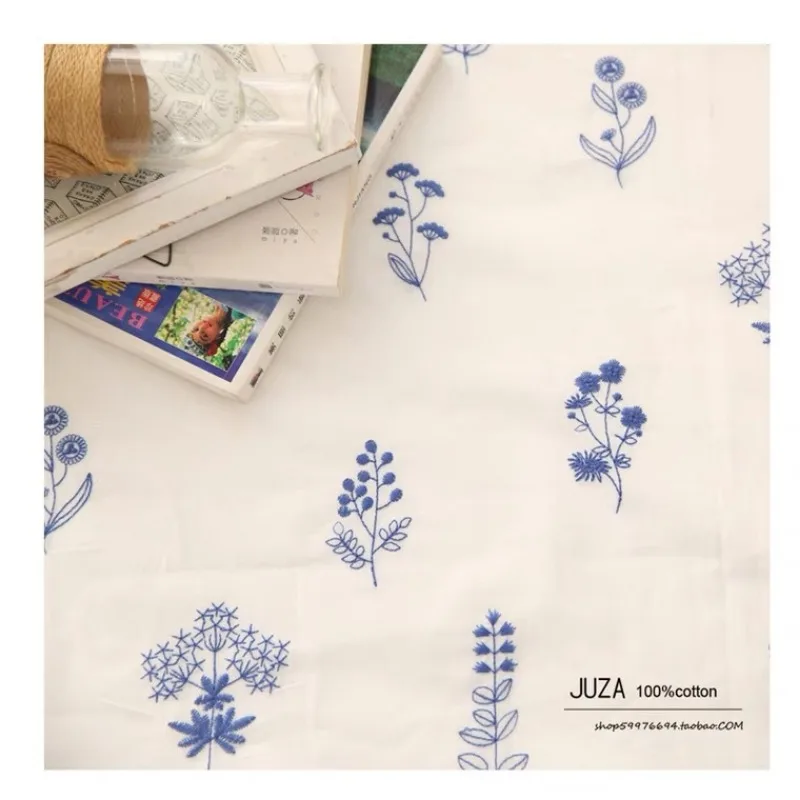 150x50cm Blue Small Leaf Embroidered Fabric, White Poplin Embroidered Fabric 2022 Clothing Fabric Tablecloth Cloth