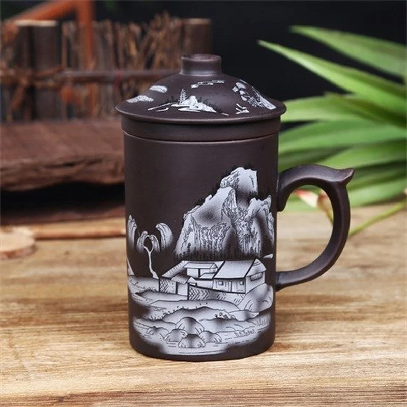 Traditional Chinese Dragon Purple Clay Tea Mug with Lid Strainer Retro Handmade Yixing Tea Cup Zisha Teacup Gift Mug Tumbler