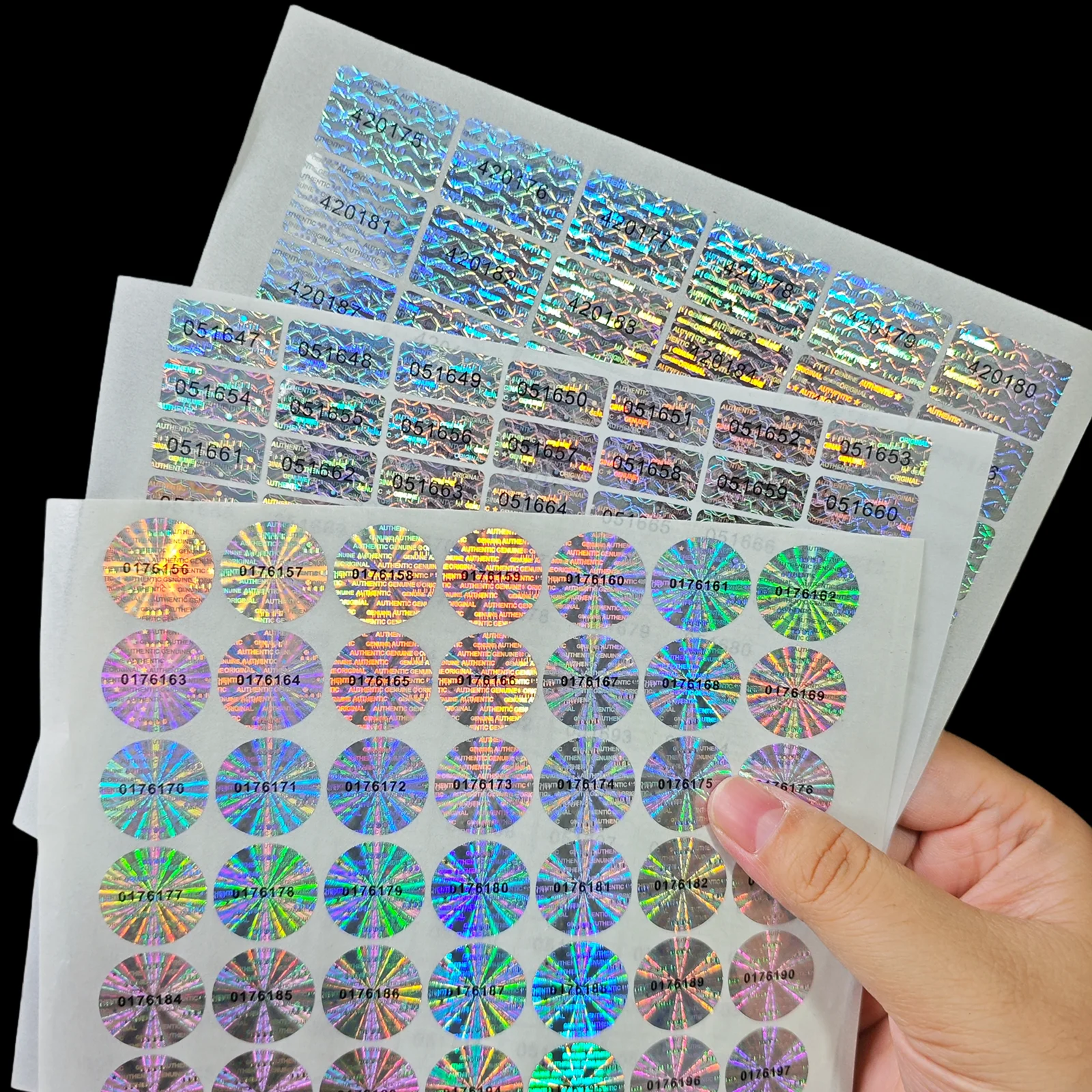 392 pezzi/378 pezzi Etichetta sigillata ologramma antimanomissione con numeri seriali unici neri, adesivi originali autentici