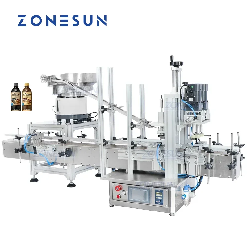 ZONESUN Desktop Plastic Juice Water Bottle Perfume Vial Capping Machine Line With Vibratory Cap Feeding Bowl