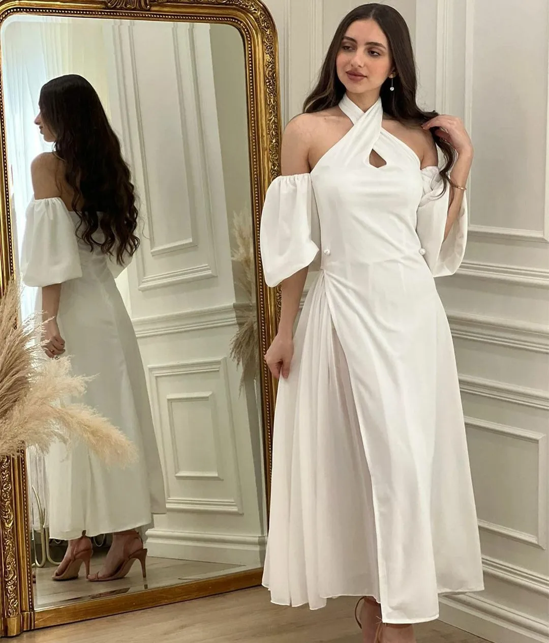 

BridalAffair Short White Pleated Evening Dresses With Sleeve A-Line Tea Length Chiffon Zipper Back Robe De Mariée Party Gowns